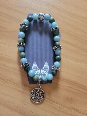 💐NEW💐 Beaded Green Aqua Natural Stone  Lotus Charm Bracelet